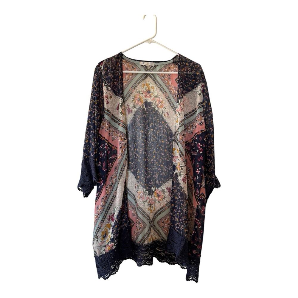 Jolt XL Boho Floral Kimono Duster Crochet Lace Open Front Patchwork Cardigan